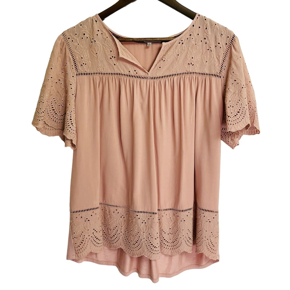 Daniel Rainn Eyelet Lace Boho Blouse Top Women's Large Pink Short Sleeve